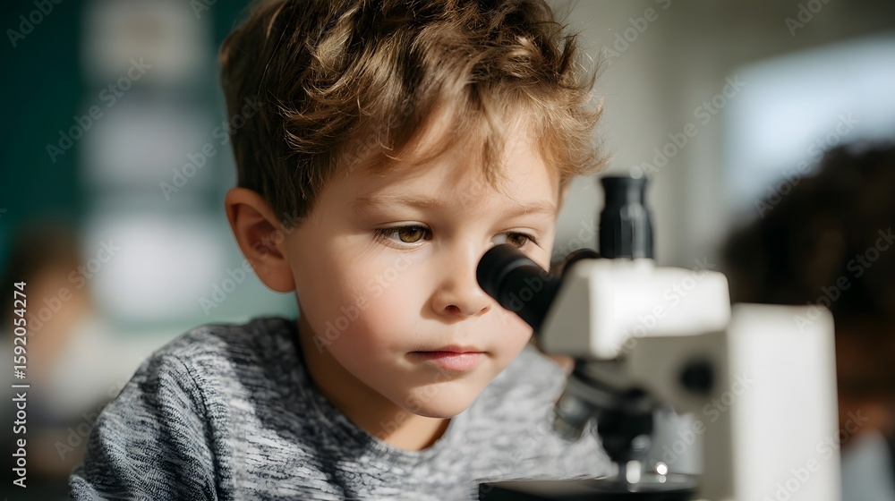 Poster child intently examining through microscope in classroom