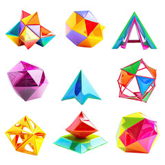 Colorful, geometric shapes arranged in a grid pattern.  Each shape has a vibrant, multicolored design, and appears polished and three-dimensional