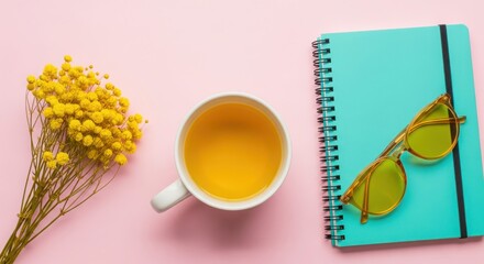 A bright and cheerful flat lay featuring yellow flowers a cup of tea and yellow tinted sunglasses on a pink background