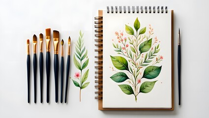 Watercolor Floral Sketch with Art Supplies - Creative Workspace