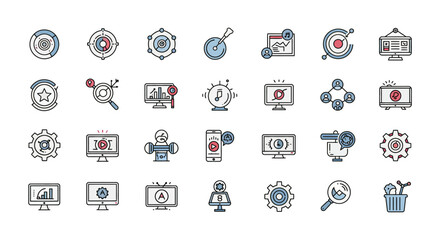 Fototapeta premium Icon Collection: Diverse collection of icons, conveying concepts such as targets, settings, and analysis. It is designed with clean lines and a minimalist aesthetic.