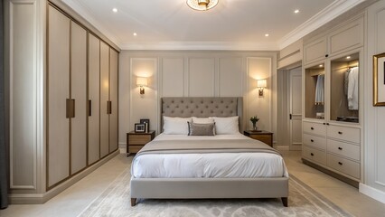 Modern Bedroom with Built-In Wardrobe and Wall Sconces