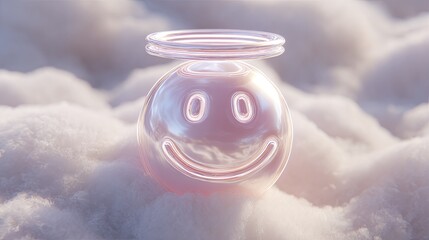 Shiny, pink smiley face with halo, resting on soft clouds