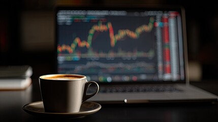 Coffee cup beside laptop with stock market chart