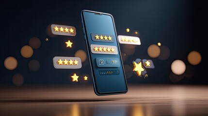Smartphone with glowing star reviews floating in the air