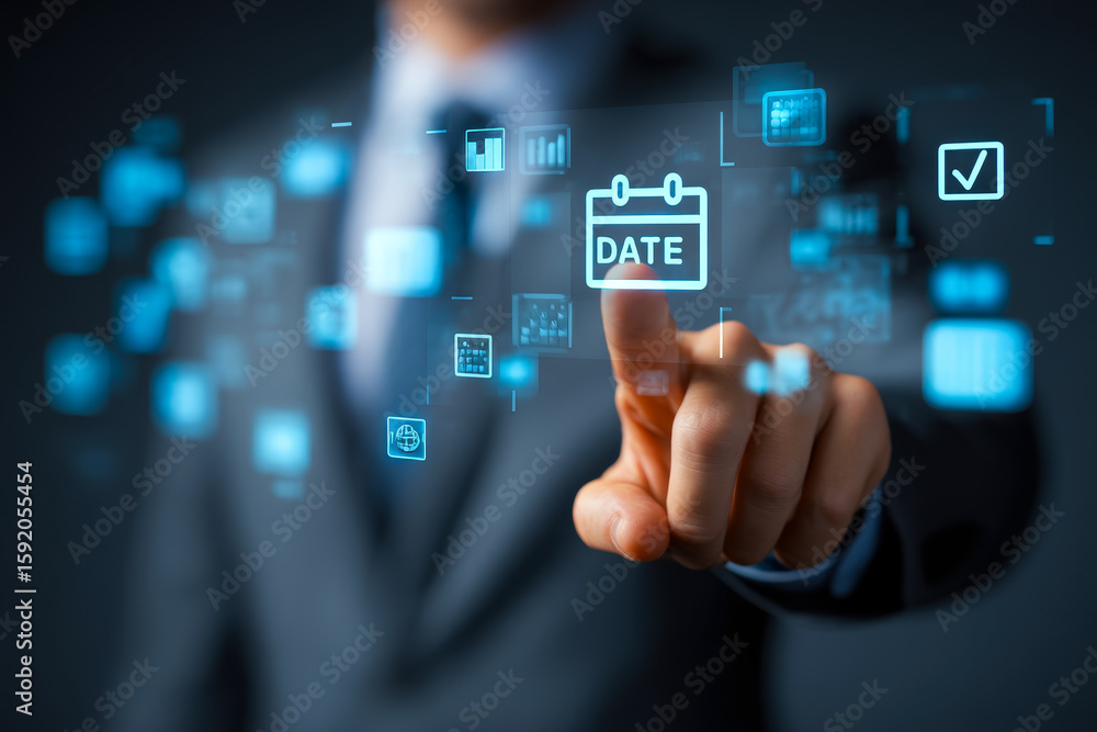 Poster digital interface showing date selection and data analytics in a high-tech environment