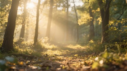 Obraz premium Golden sunlight streaming through a lush green forest, illuminating a path in a tranquil woodland setting at dawn or dusk, creating a magical and serene atmosphere