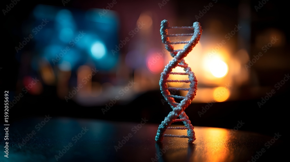 Poster dna double helix model on scientist s desk with futuristic lighting and sharp focus