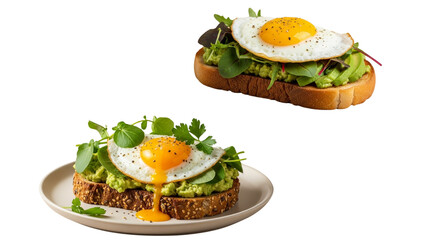 Close up of avocado toast with fried egg and greens on a white plate surface