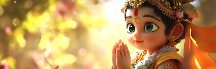 This enchanting image captures an adorable infant deity in a praying gesture, set against a vibrant floral background. The expression conveys joy and innocence, symbolizing spirituality and tradition.