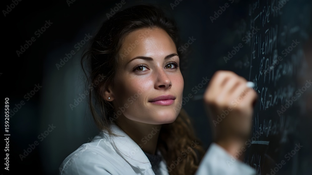 Poster focused researcher writing on a transparent board in a modern lab setting
