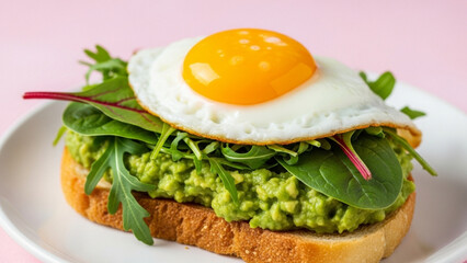 Close up of avocado toast with fried egg and greens on a white plate surface