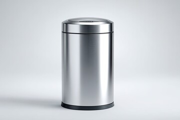 Stainless steel trash can on light background