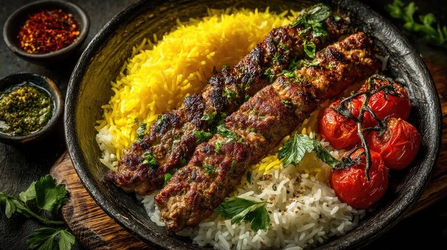 Iran dish Chelo Kabab Saffron rice with grilled meat skewers often served with grilled tomatoes and sumac