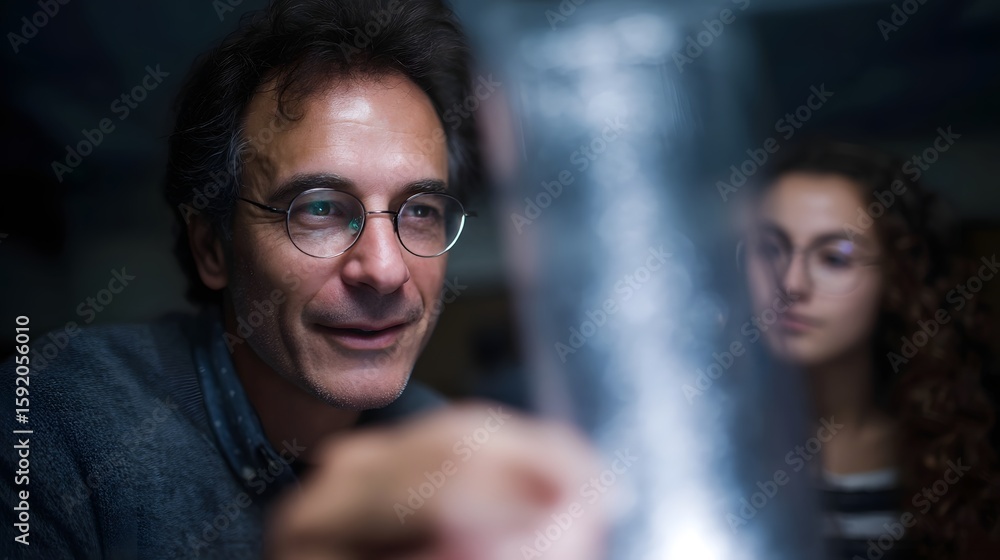 Poster physics professor conducting a magnetic field experiment in a classroom setting