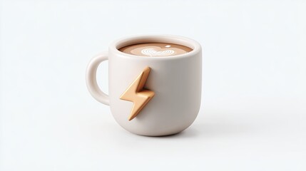 Cream-colored mug with gold lightning bolt, latte art