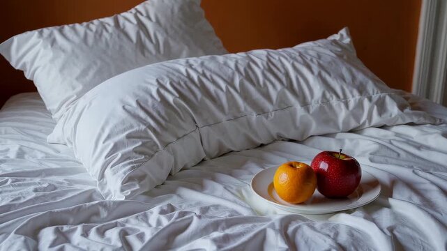 Cozy bed with white pillows and apples on plate in morning light, peaceful bedroom scene with rumpled linens and calm domestic atmosphere