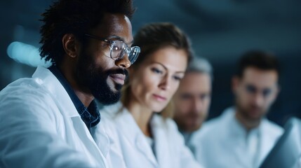 Researchers collaborating in a modern laboratory with focused teamwork