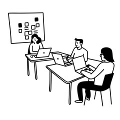 Line art of young entrepreneurs working on ideas in a startup incubator environment, whiteboard brainstorming and laptops visible, outline drawing