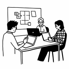 Line art of young entrepreneurs working on ideas in a startup incubator environment, whiteboard brainstorming and laptops visible, outline drawing