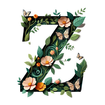 Vector art of letter z is decorated with flowers and butterflies isolated on white background