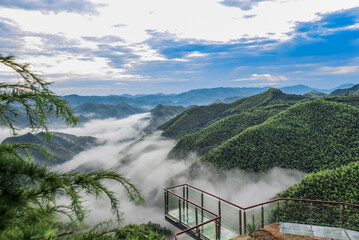 Sunrise Over Foggy Mountain Viewing Deck With Sea Of Clouds