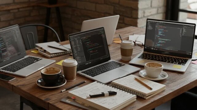 Workspace with laptop, code on screen, coffee and notebook on wooden table