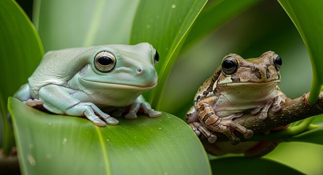 Australian white tree frog on leaves, dumpy frog on branch, animal closeup, amphibian closeup.