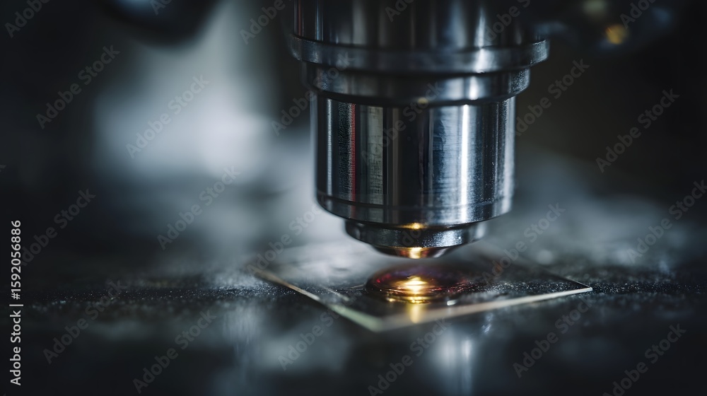 Poster close up of a microscope and glass slide with sharp high detail