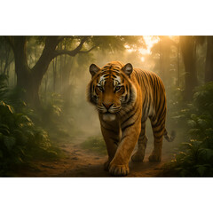 A majestic Bengal tiger walking through a misty jungle at sunrise
