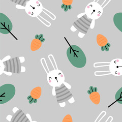Seamless pattern with cute rabbit, tree and carrot for your fabric, children textile, nursery decoration, gift wrap paper, kids bedding.