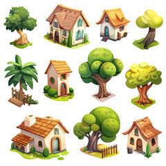 A collection of 12 stylized, isometric, cartoon houses and trees.  