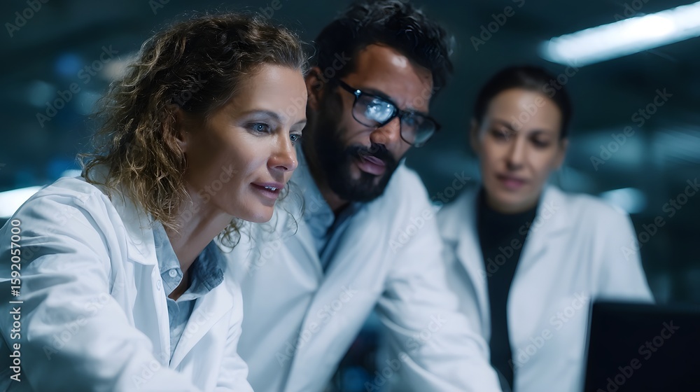 Aufkleber research team discussing lab results on digital screen in professional environment