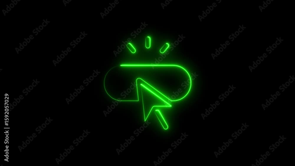 Poster glowing green neon pointer clicking button on a dark black background