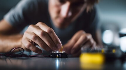 Fototapeta premium Student assembling an electrical circuit on a desk in a physics class
