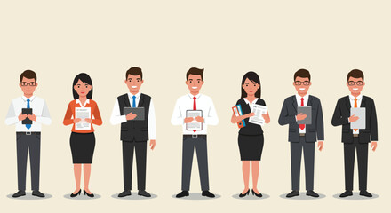 Obraz premium Six professionals in business attire holding documents and digital devices