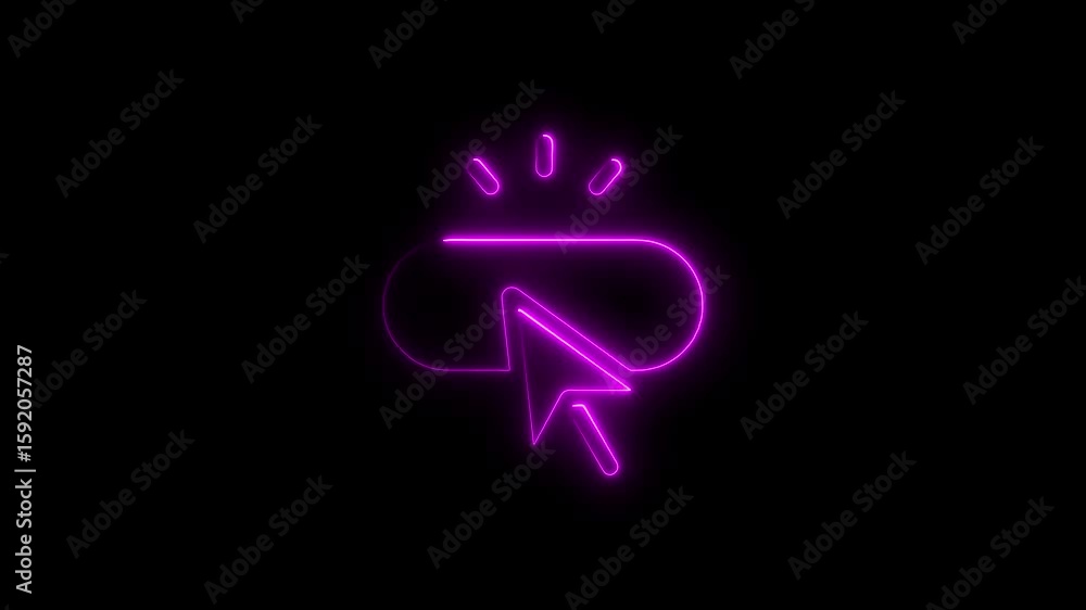 Poster glowing neon cursor icon pressing a button interface against a black background