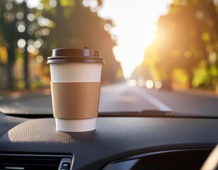Takeaway Coffee Cup on Car Dashboard with Sunrise Background