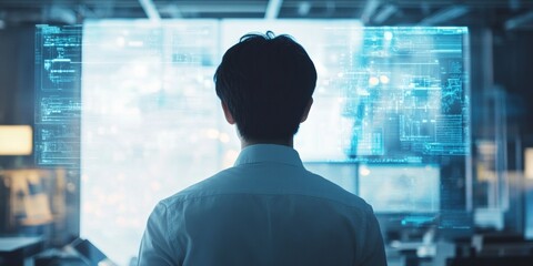 Scientist in cybernetic setting focused on digital screen with computer lab background.