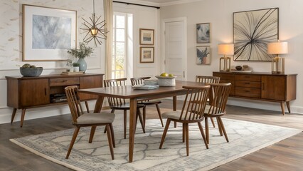 Obraz premium Mid-Century Dining Room with Walnut Table and Spindle Chairs