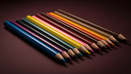 Colorful pencils arranged on a dark surface 