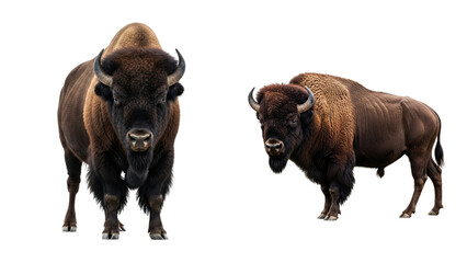 A full body shot of a bison with brown fur isolated on a white background
