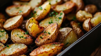 Close-Up of Air Fryer Basket with Roasted Potatoes