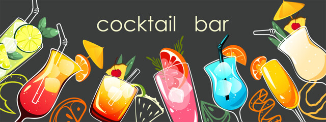 Background with alcoholic cocktails in a bar. Banner with tropical cocktails mojito, paloma, mimosa, pina colada. Vector illustration.