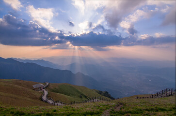 Breathtaking Sunset Over Golden Summit Of Wugong Mountain Scenic Panorama