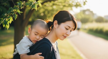 夕暮れの公園で息子をおんぶするお母さんの優しい横顔