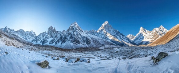 Captivating panoramic view of a snow-covered mountain landscape under a clear blue sky, showcasing the beauty of nature in a tranquil winter setting.