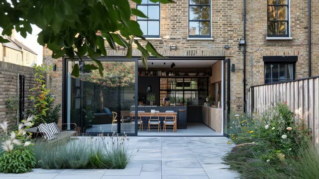 Modern open-plan kitchen and dining area in brick house with lush garden visible in a London backyard