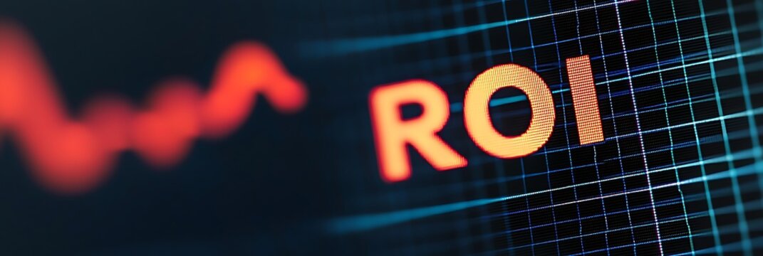 Digital display shows the acronym "ROI" in bright orange letters against a dark background with a grid and fluctuating red graph line.