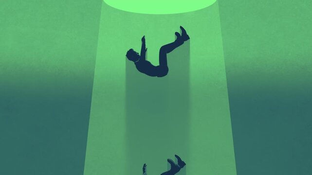 A textured background of a stylized animated character endlessly falling in a loop.
